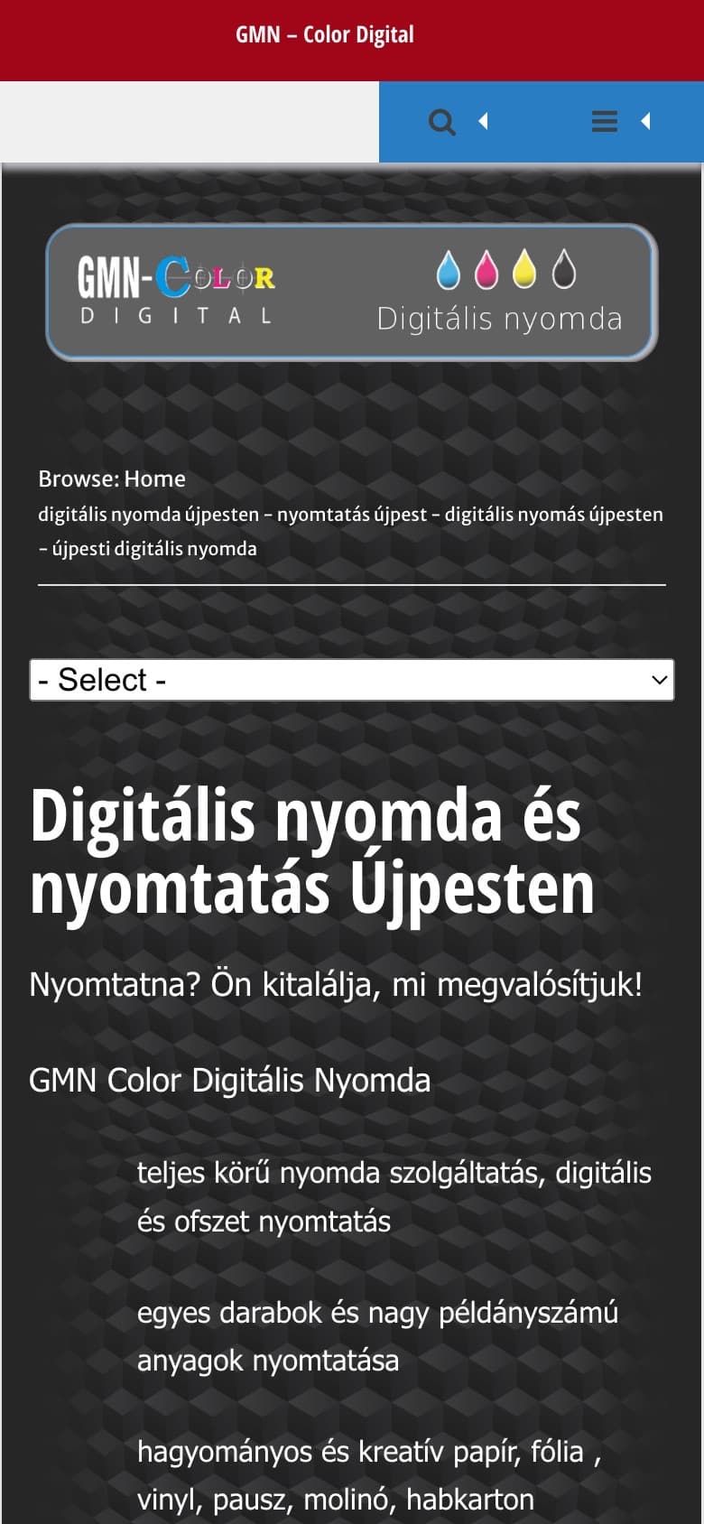 A GMN-Color régi weboldala mobilon, 2026 júniusi Wayback Machine mentésen