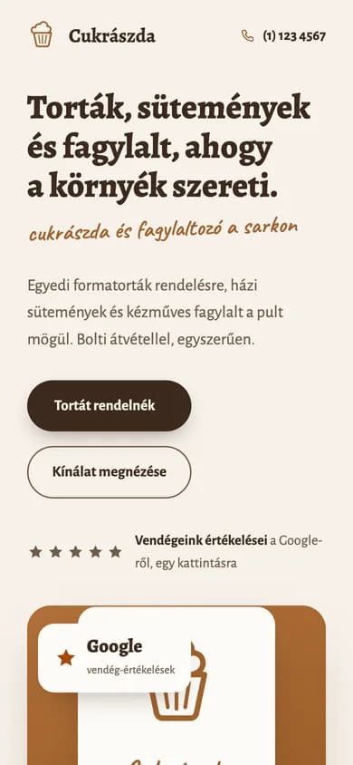Bemutató látványterv: cukrászda weboldala mobilon, tortarendeléssel és kínálattal