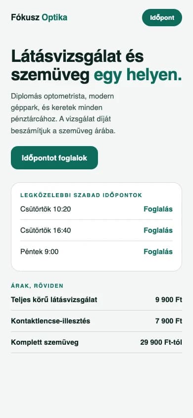 Bemutató látványterv: optika weboldala mobilon, időpontfoglalással és árlistával