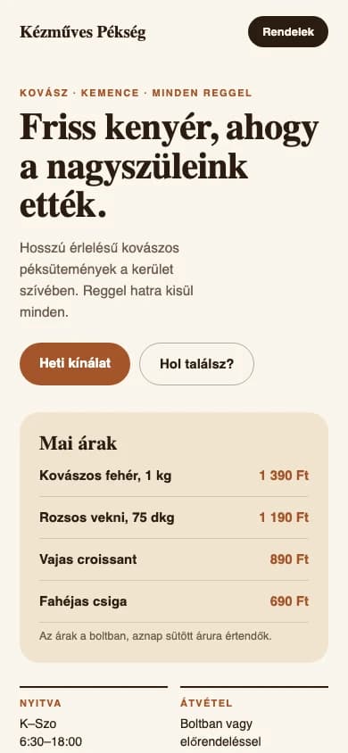 Bemutató látványterv: kézműves pékség weboldala mobilon, árakkal és rendelés gombbal
