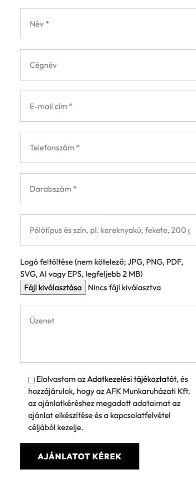 Az ajánlatkérő űrlap a logózott céges póló oldalon, mobilon