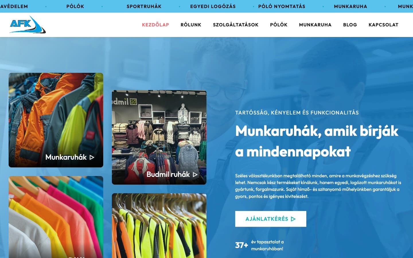 Az afk-kft.hu kezdőlapja asztali nézetben, az élő oldalról